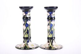 A PAIR OF MOORCROFT POTTERY TRIAL CANDLESTICKS
