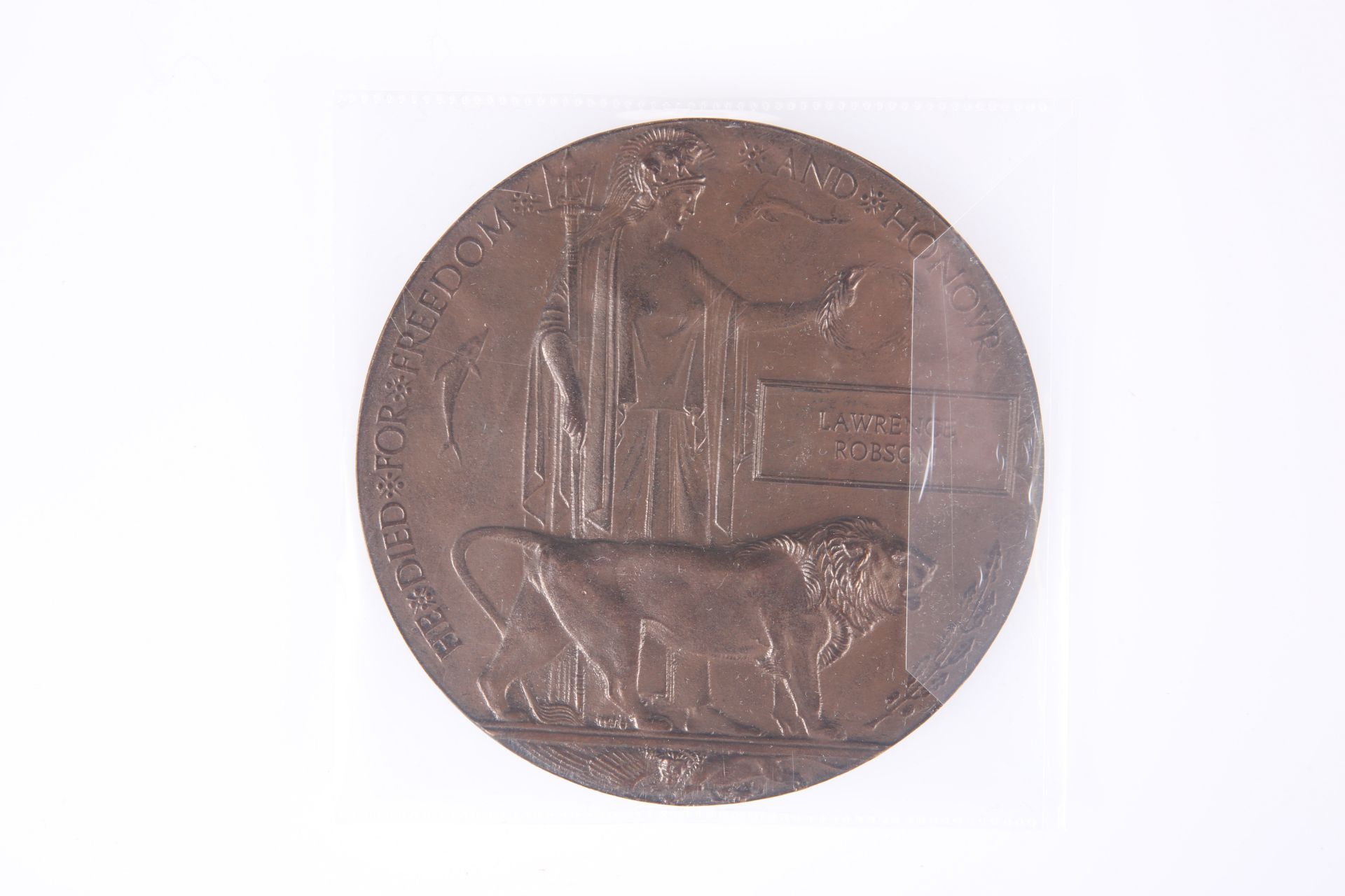 A WWI DEATH PLAQUE, 28944 Pte. Lawrence Robson