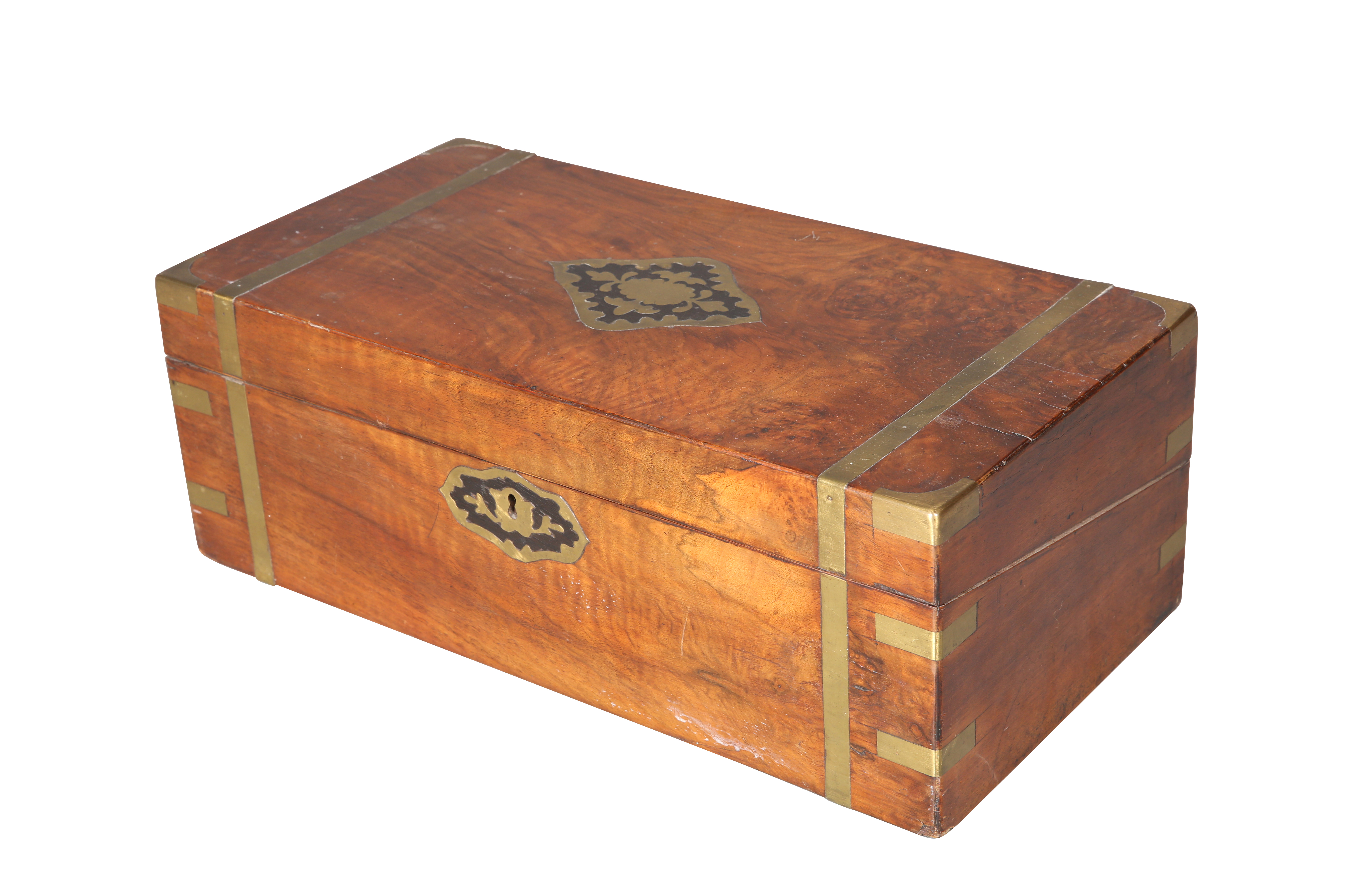 A 19TH CENTURY BRASS-BOUND WALNUT WRITING BOX