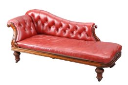 A VICTORIAN MAHOGANY AND LEATHER UPHOLSTERED CHAISE LONGUE