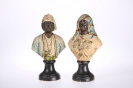 A PAIR OF LATE 19th CENTURY PAINTED TERRACOTTA ORIENTALIST BUSTS, PROBABLY FRENCH