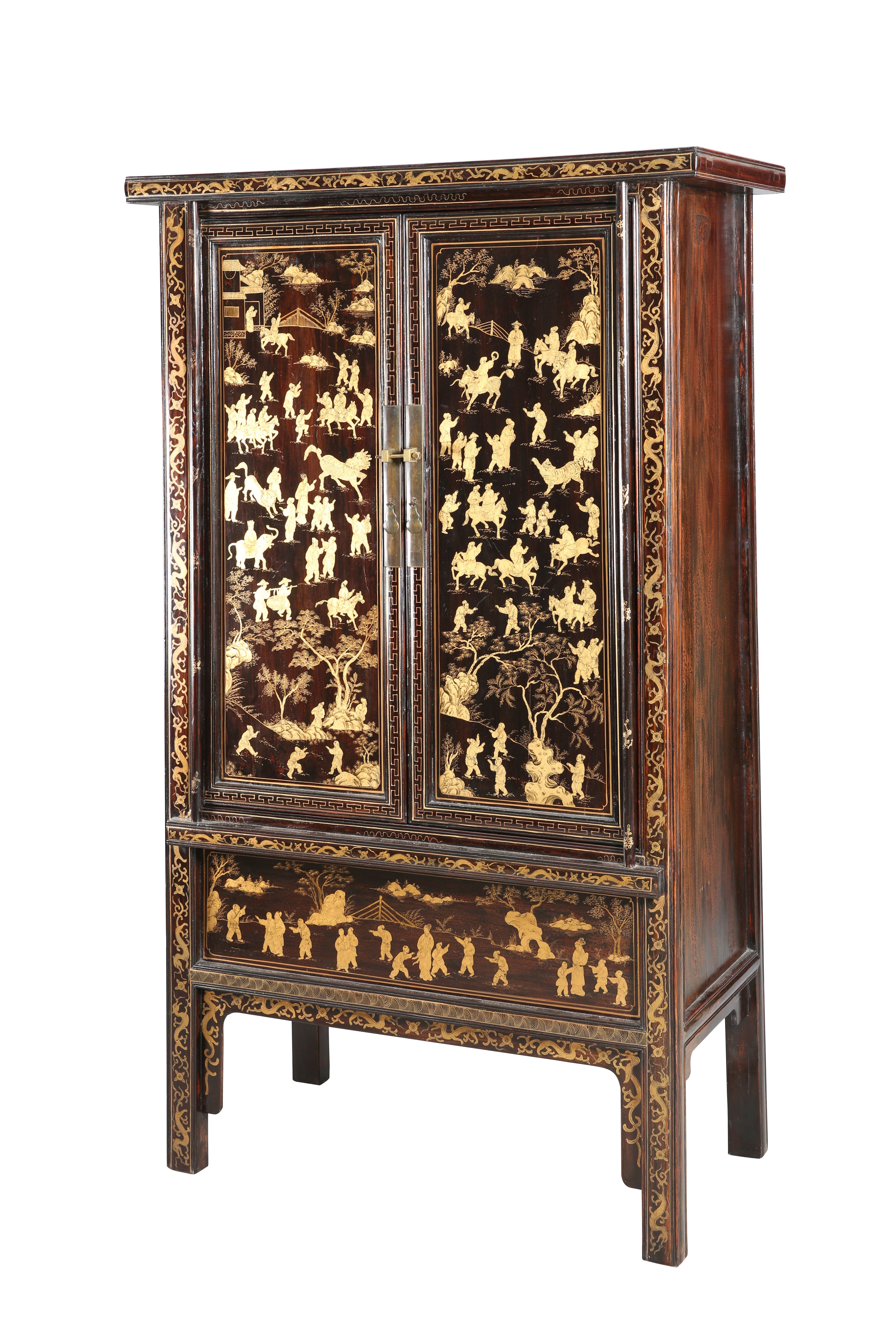 A CHINESE GILDED HARDWOOD WARDROBE