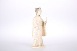 A JAPANESE CARVED IVORY FIGURAL NEEDLE CASE, MEIJI PERIOD, c. 1900