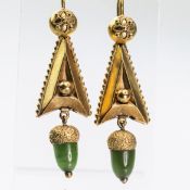 A PAIR OF 19TH CENTURY GILT METAL AND JADEITE EARRINGS