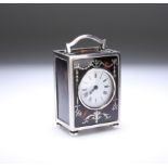 A GEORGE V SILVER AND PIQUE WORK MINIATURE CARRIAGE CLOCK