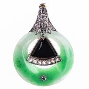 AN ART DECO JADEITE, BLACK ONYX AND DIAMOND LAPEL CLIP