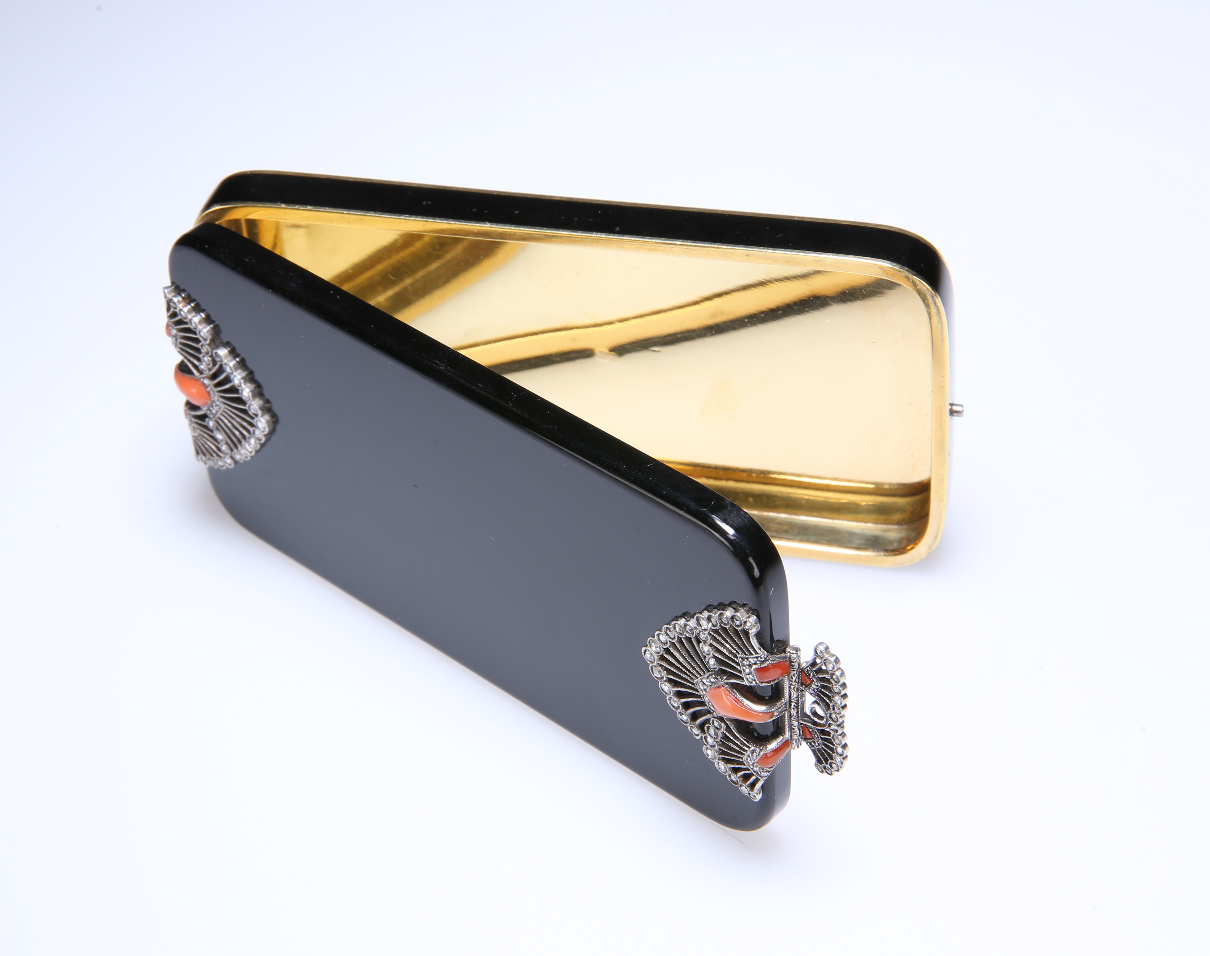 A DIAMOND AND CORAL SET GOLD AND ENAMEL COMPACT IN THE ART DECO TASTE