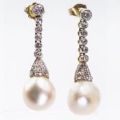 A PAIR OF NATURAL SALTWATER PEARL AND DIAMOND EARRINGS