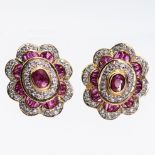 A PAIR OF RUBY AND DIAMOND CLUSTER EARRINGS