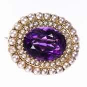 A LATE VICTORIAN AMETHYST AND SEED PEARL BROOCH