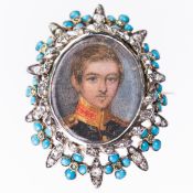 A 19TH CENTURY DIAMOND AND TURQUOISE PORTRAIT MINIATURE BROOCH