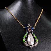 A RENAISSANCE REVIVAL ENAMEL, PEARL AND DIAMOND PENDANT