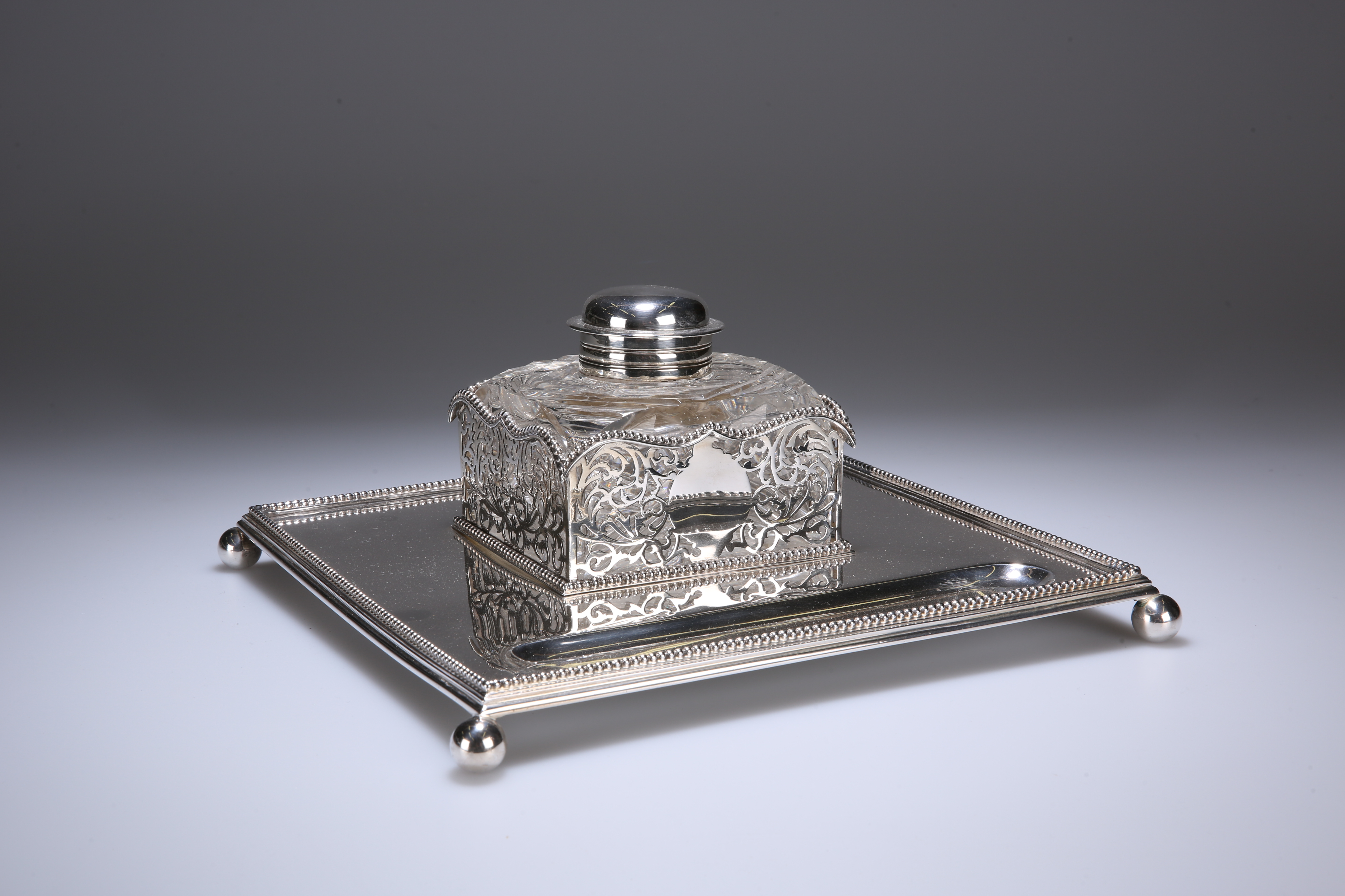 A VICTORIAN SILVER INKSTAND, LONDON 1880
