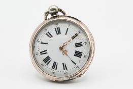 AN 0.800 GRADE SILVER OPEN FACE POCKET WATCH AND DRESS CHAIN