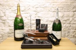 3 WOODEN CIGAR HUMIDORS TOGETHER WITH 2 LARGE FORMAT ‘DUMMY’ CHAMPAGNE BOTTLES PLUS FURTHER ITEMS AN