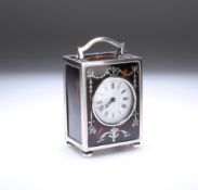 A GEORGE V SILVER AND PIQUE WORK MINIATURE CARRIAGE CLOCK