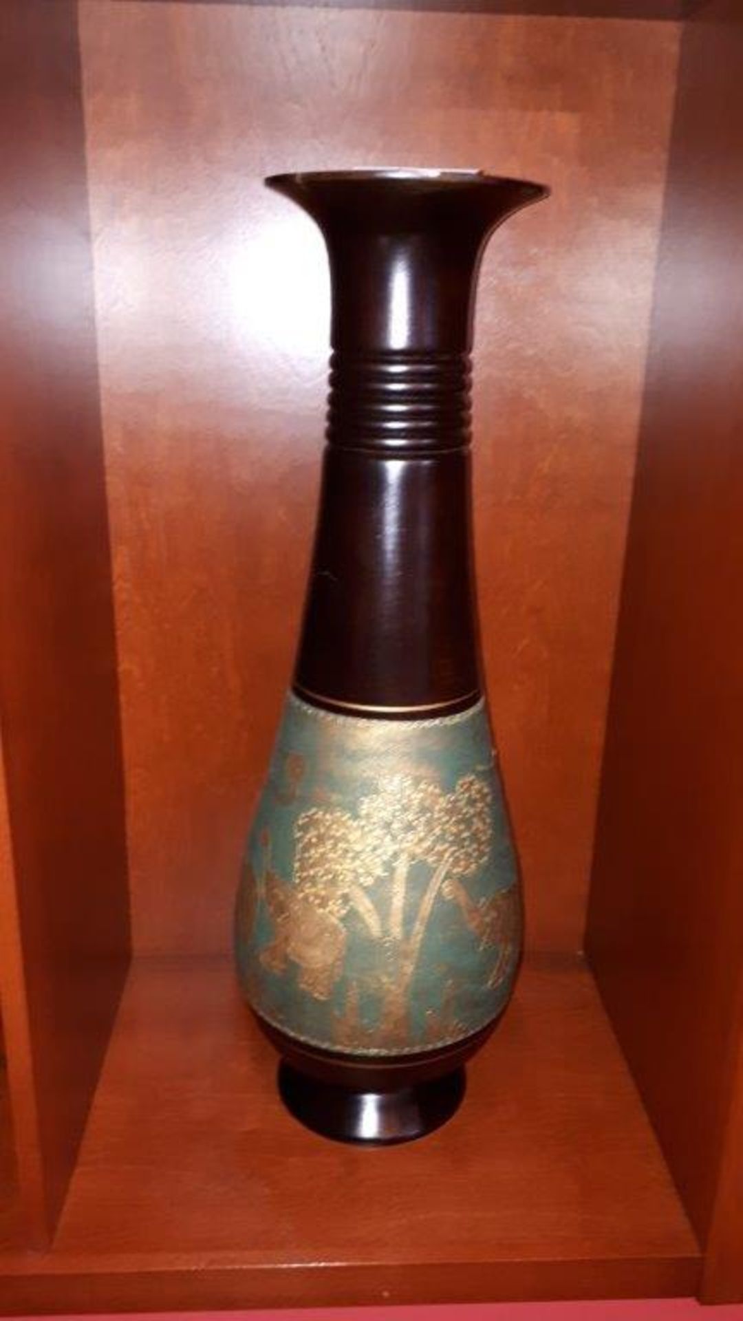 Exotic Asian art-deco decorative footed vase,w.10”x h.31”