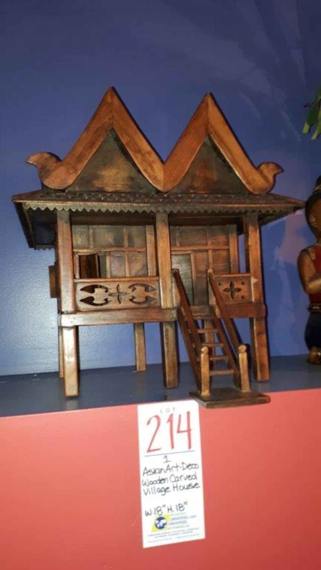 Asian art-deco wooden carved village house,w.18”x h.18”