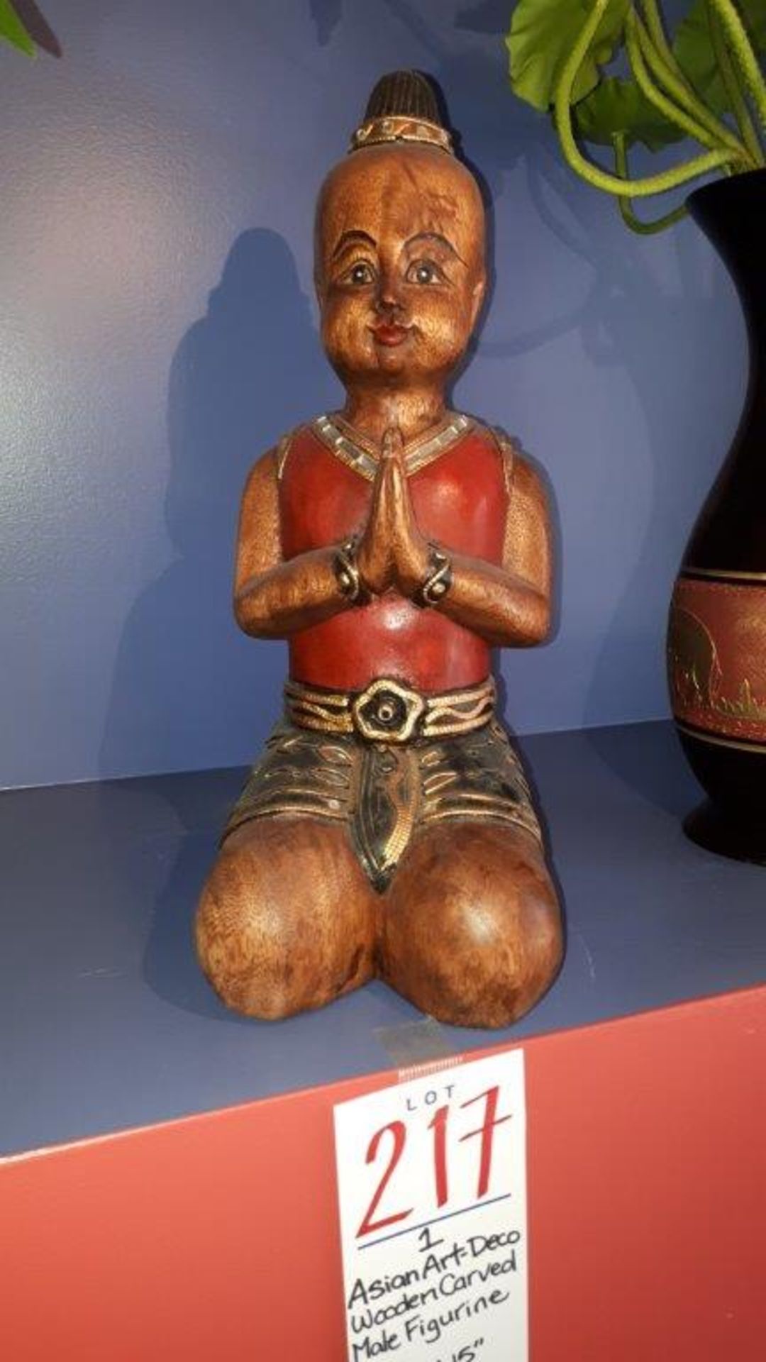 Asian art-deco wooden carved male figurine,w.6” h.15”