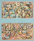 MalerChina, 20. Jh..Zwei figürliche Darstellungen.Jeweils re. u. bzw. Mi. u. mit Schriftzeichen