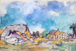 Maler20. Jh..Landschaft mit Häusern.Li. u. bez. Grau Sala. Aquarell/Papier, ca. 12 x 18 cm (