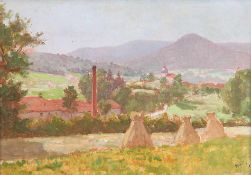 Rovel, Henri1862-1926; franz. Landschaftsmaler.Hügelige Sommerlandschaft mit Blick auf eine alte