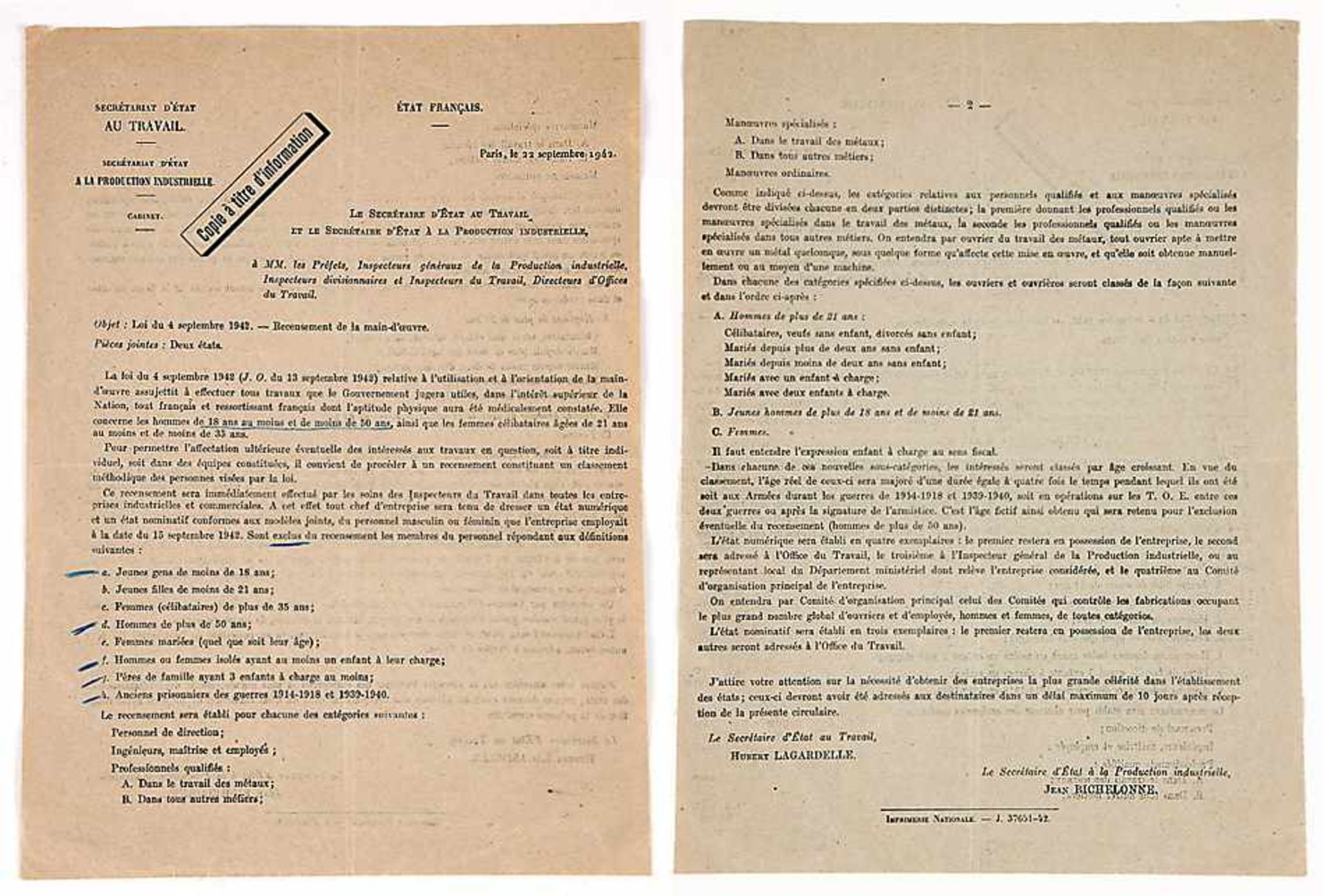 Französisches InformationsblattGesetz vom 4. September 1942 betreffend Bestandsaufnahme der