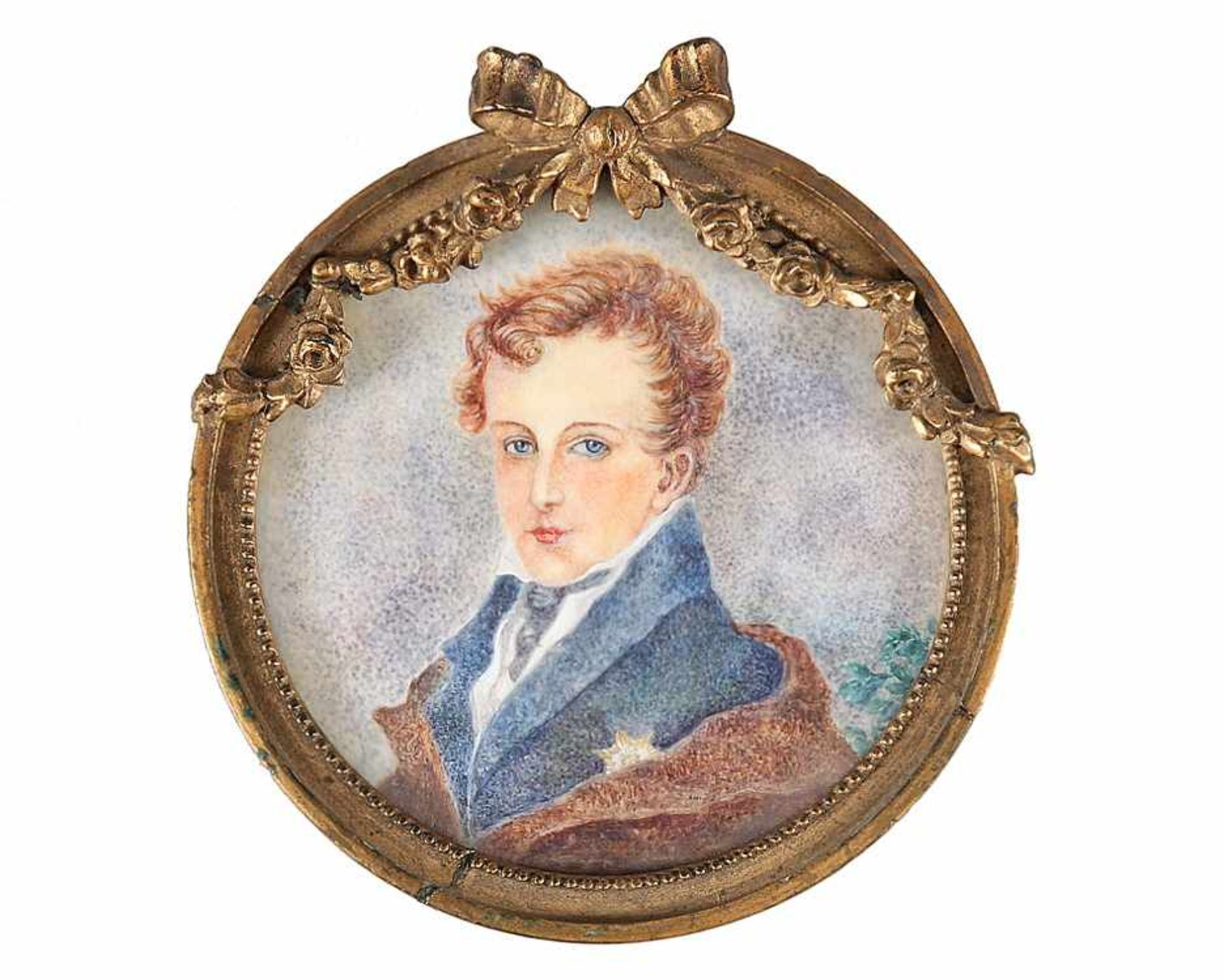 Anonymer Miniaturenmaler19. Jh./um 1900.Bildnis eines jungen Mannes in blauer Jacke und braunem