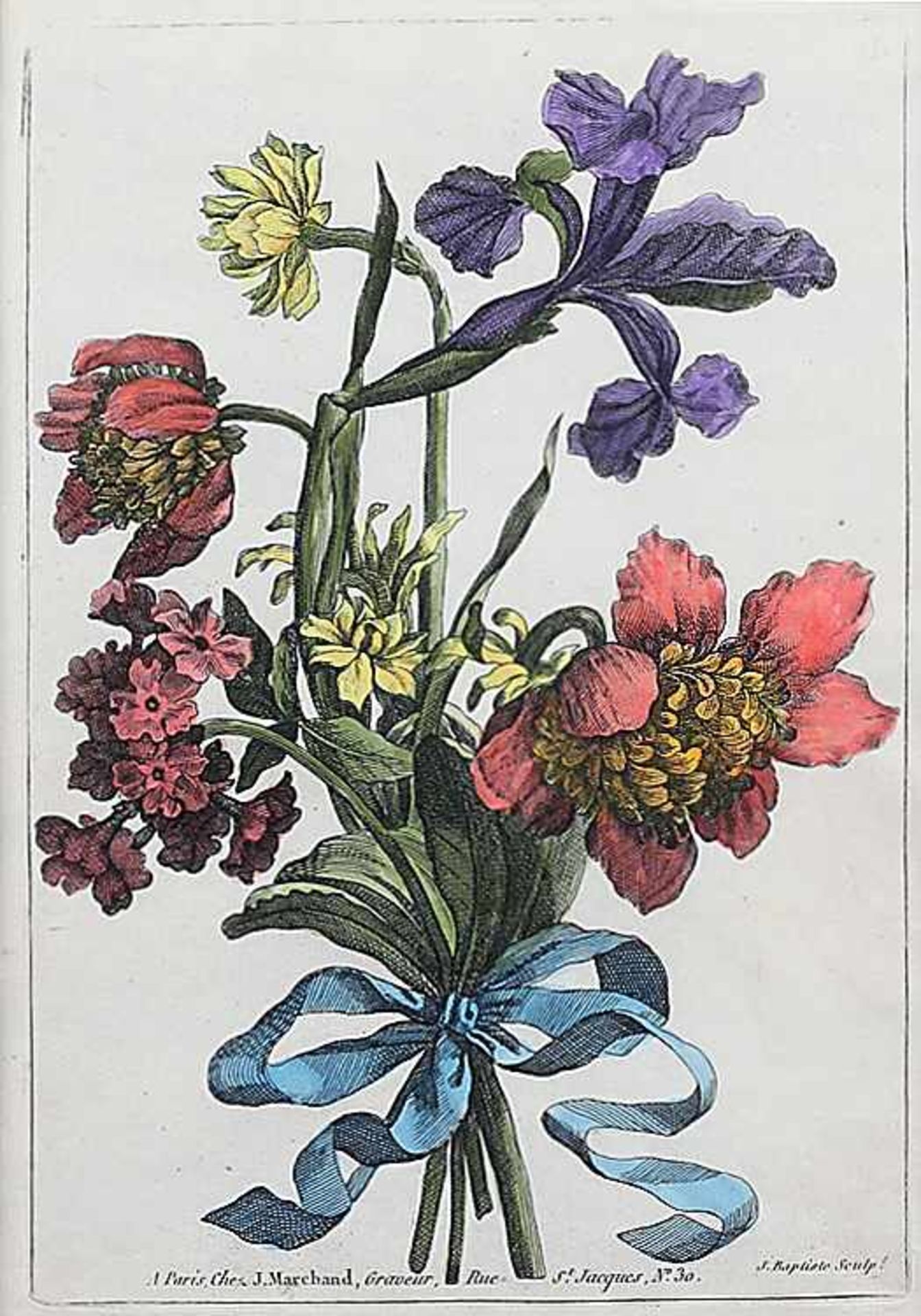 Col. Kupferstich18. Jh..Manieristischer Blumenstrauß.Gestochen von J. Baptiste, gedruckt bei J.