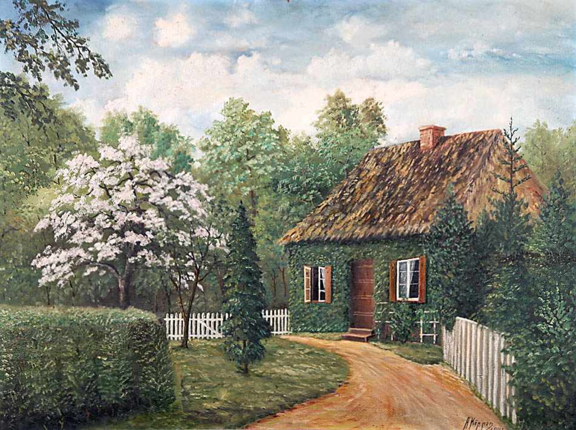 Köppen, A.Gartenhaus im Frühling.Re. u. sign. A. Köppen, dat. 1941. Öl/Hartfaserpl., 60 x 80 cm.