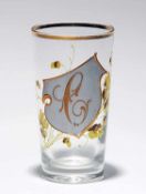 BecherUm 1900. Konische Form. Farbl. Glas, bunte Emailbemalung. Auf der Wandung Wappenschild mit