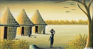 Afrikanischer Maler2. Hälfte 20. Jh..Drei Hütten in afrikanischer Landschaft.Re. u. unles. sign..