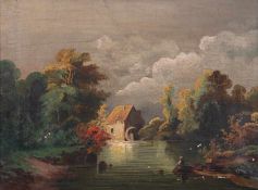 Maler19. Jh..Landschaft mit alter Wassermühle.Re. u. unles. sign.. Öl/Lwd., 27 x 36 cm; mehrere