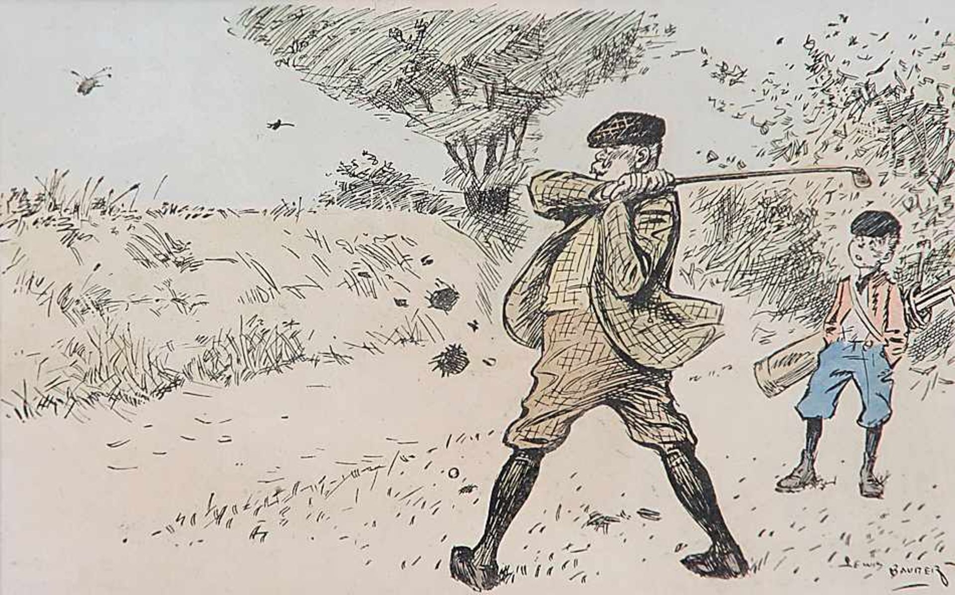 Künstler20. Jh..Parodie auf das Golfspiel.Col. Lithografie, re. u. im Stein unles. sign.. Ca. 10,6 x