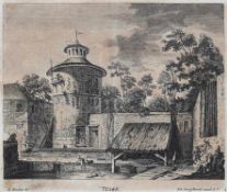 Kupferstich18. Jh..Altes Turmgemäuer.Gestochen von Joh. Georg Hertel nach F. Boucher. 17,9 x 22,5
