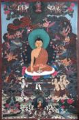 ThangkaTibet, 19./20. Jh.. Im Zentrum ein sitzender Buddha in der Geste der Erdberührung. Gouache
