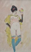 Maler20. Jh..Frau mit Maske.Re. u. bez. FR. Mischtechnik/Papier, ca. 28,5 x 18,9 cm (