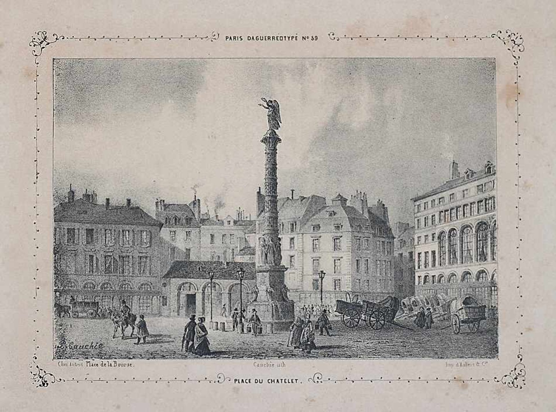 Lithografie19. Jh..Place du Chatelet.Auf Stein gezeichnet von Couchié. 12,8 x 18,9 cm. Stockflecken.