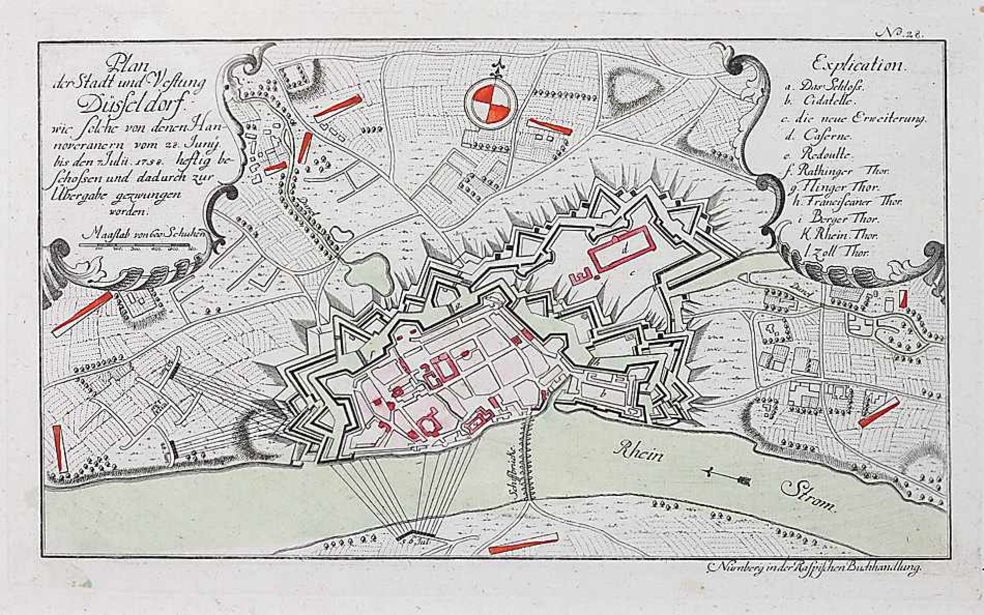 Teilcol. Kupferstich18. Jh..Plan der Stadt und Vestung Düsseldorf...1758...Li. o. Titelkartusche,