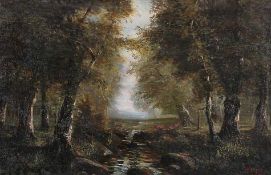 Pleyel, L.Landschaftsmaler des 19. Jhs..Große Waldlandschaft.Re. u. sign. Pleyel. Öl/Lwd., 68,5 x
