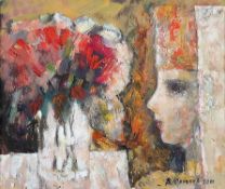 Jurpalov, Vladimir*1954; russ. Maler. Mädchen mit Blumenstrauß.Re. u. kyrillisch sign. V.