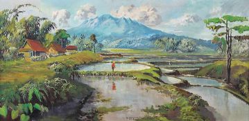 Maler20. Jh..Indonesische Landschaft.Mi. u. unles. bez.. Öl/Lwd., 40 x 80,5 cm. R..€ 900