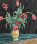 Anonymer Maler1920er-30er Jahre.Tulpenvase auf drapiertem Tuch.Öl/Lwd., 57,5 x 49,5 cm. R..€ 150
