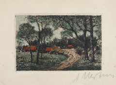 Mertens, A.Landschaft mit Gehöften.Col. Radierung, re. u. handsign. A. Mertens. 7,7 x 12 cm.