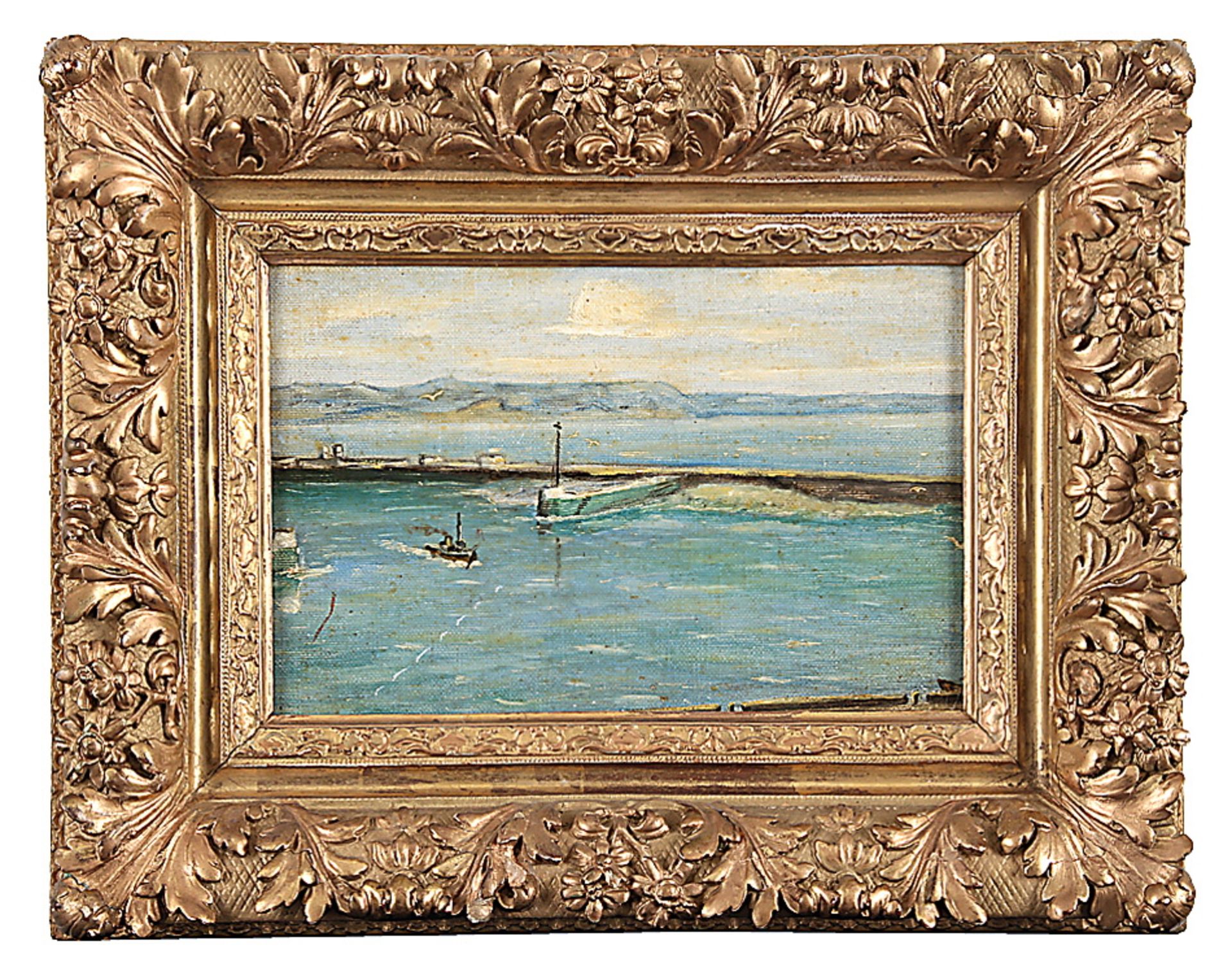Anonymer Maler20. Jh..Am Hafen.Öl/Lwd./Karton, ca. 21,5 x 30,5 cm (Bildausschnitt). Stuckr..€ 65