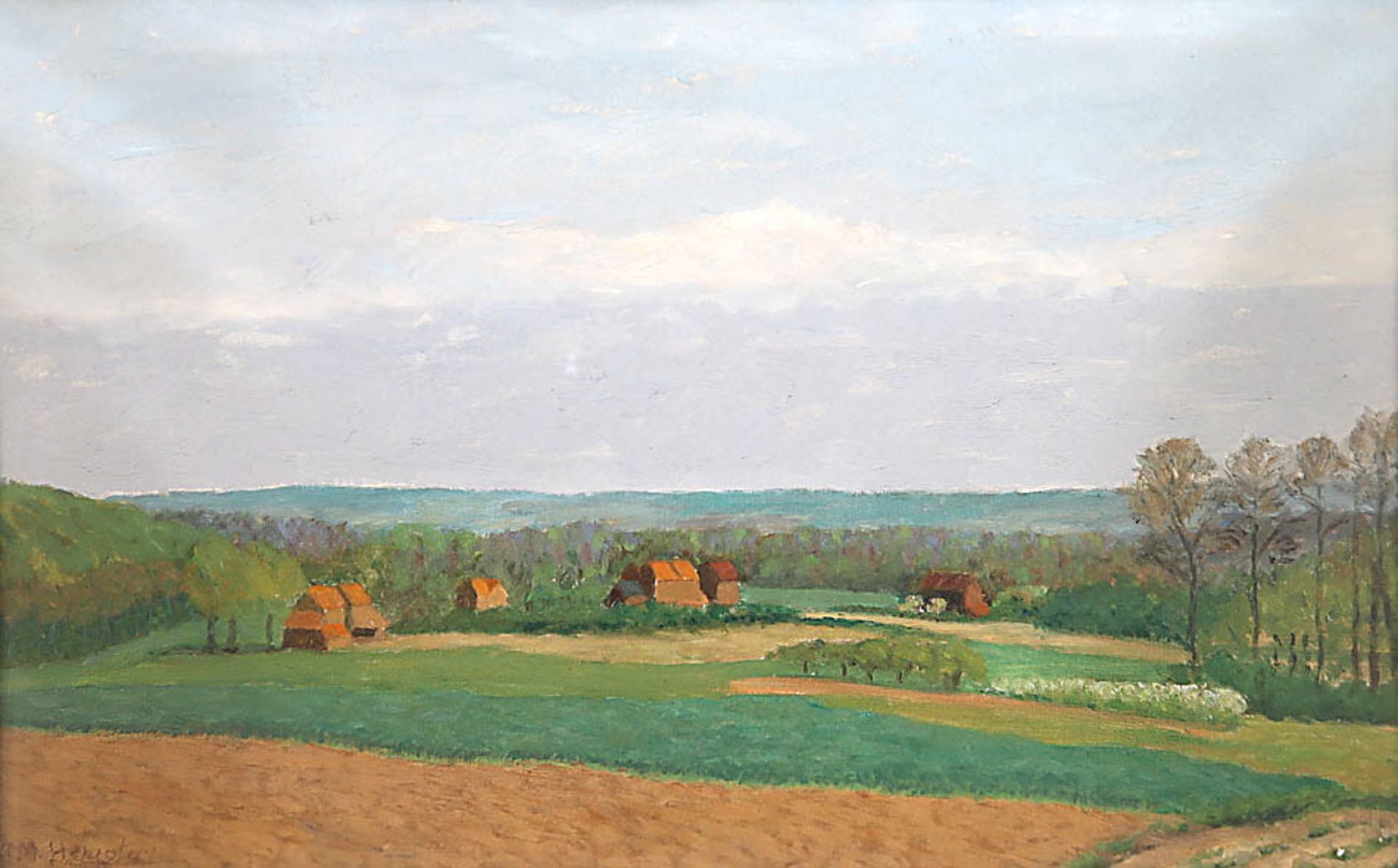 Maler20. Jh..Weite Sommerlandschaft mit Gehöften.Li. u. unles. sign.. Öl/Lwd., 41,5 x 65,5 cm.