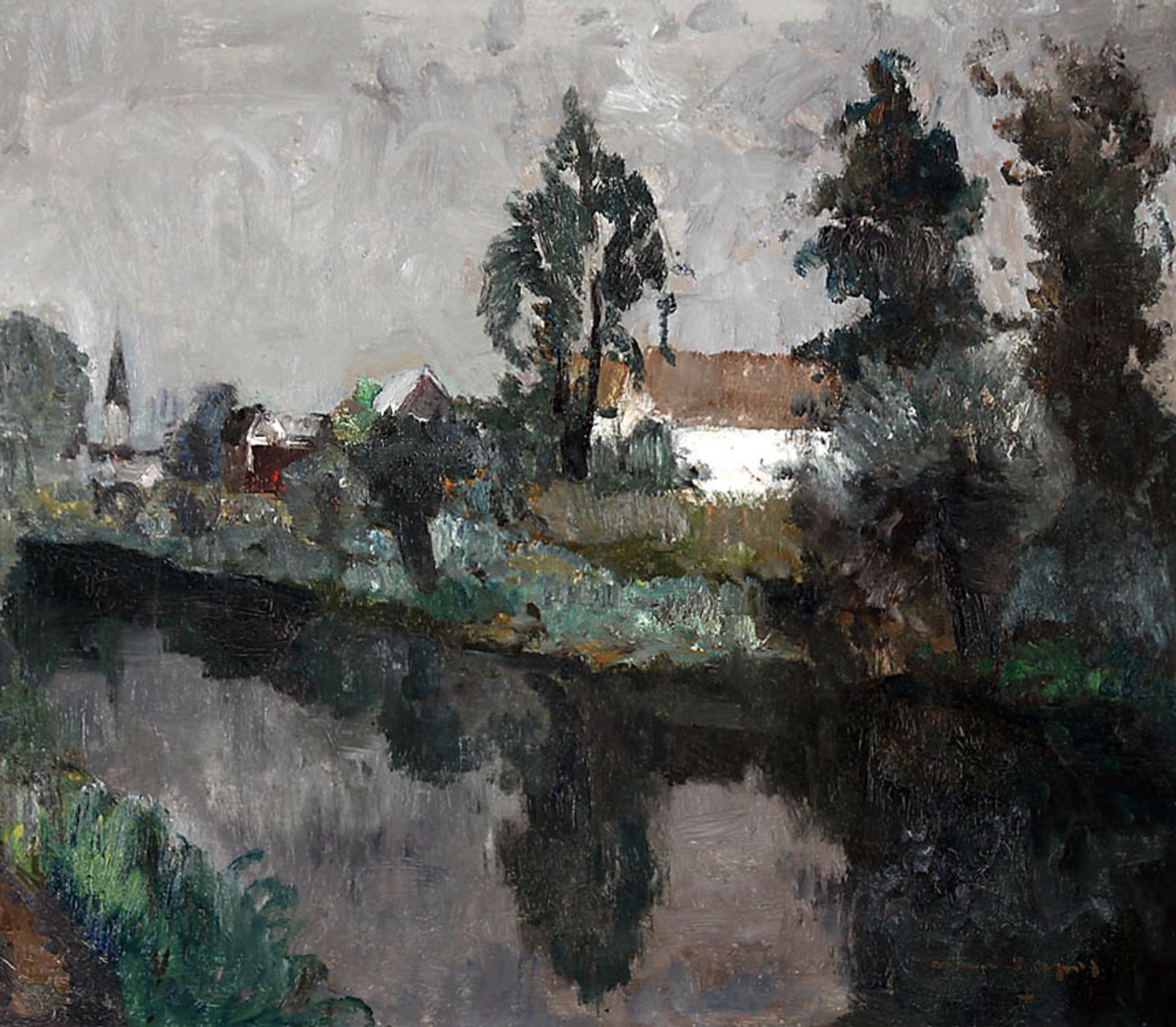 Impressionist20. Jh.. Kanallandschaft mit Häusern und Kirche.Re. u. unles. sign.. Öl/Lwd., 65 x 74