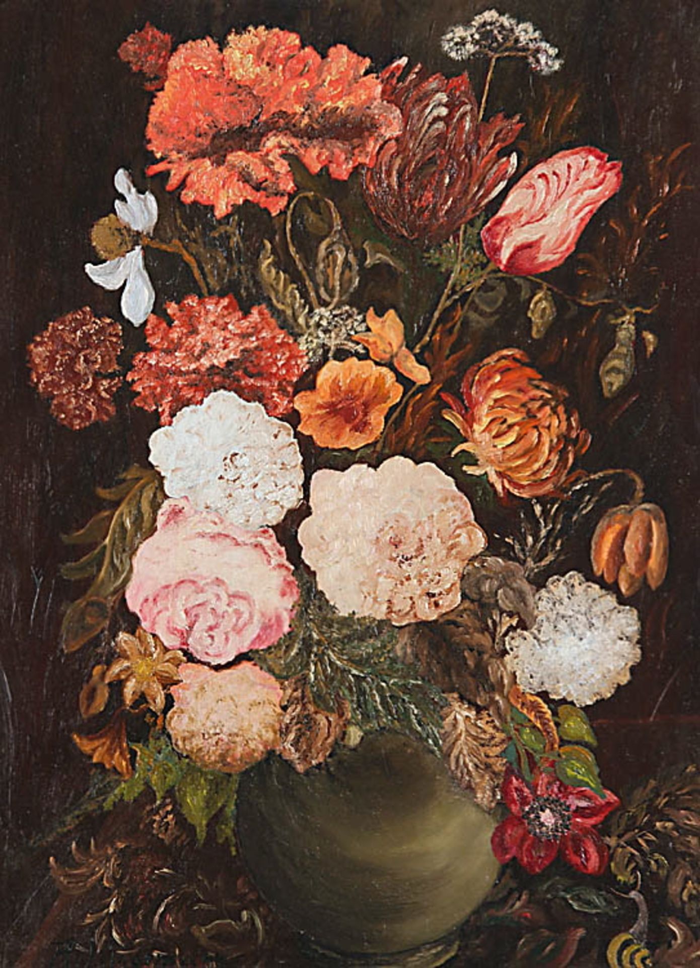 Lindemann, H.20. Jh..Blumen in grauer Vase.Li. u. sign. H. Lindemann. Öl/Karton, 58,5 x 43,5 cm.