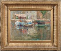 ImpressionistEnde 19./Anfang 20. Jh..Am Ufer liegende Boote.Öl/Karton, 28,5 x 37,5 cm. Stuckr..€