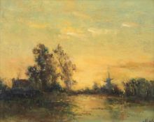 Maler19./20. Jh..Landschaft mit Windmühle im Abendlicht.Re. u. unles. sign.. Öl/Karton, 25 x 31,7